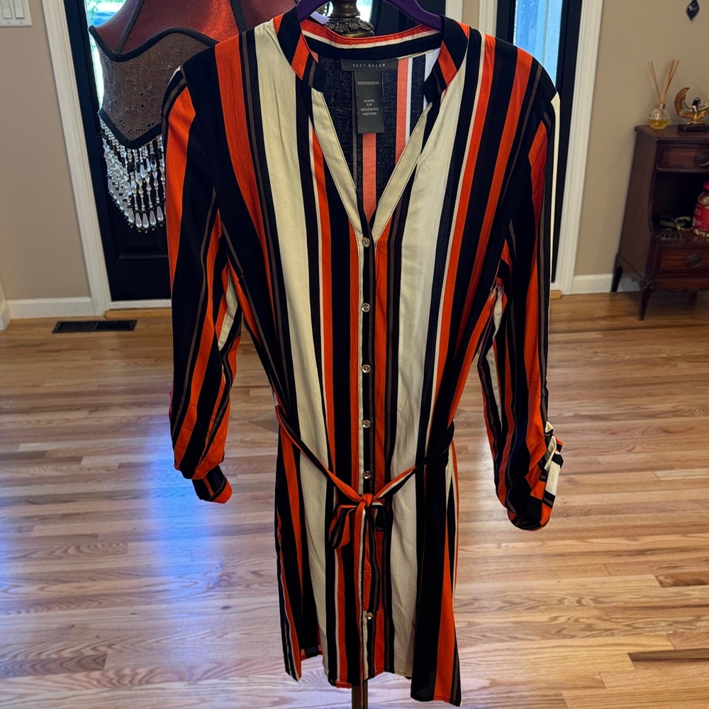 Button down Black and Orange Striped Long Sleeve Dress